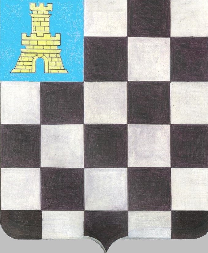 GPIO Blason du Frère : Echiqueté d'Argent et de Sable au canton d'Azur à la tour d'Or maçonnée de Sable